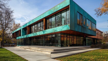 Fototapeta premium A sustainable glass office building, part of an eco city project, with trees for carbon dioxide mitigation