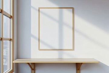 Sunlit frame mockup on white wall above wooden table by window display