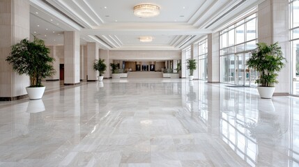 Modern hotel lobby, spacious, bright, marble floor, plants