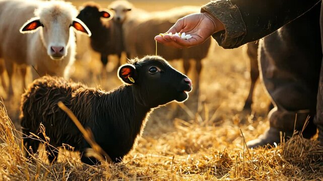Feeding curious lambs in a sunlit pasture