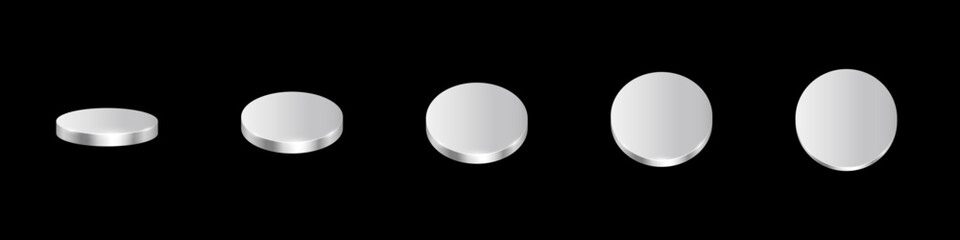 3d silver coins animation. Metal money rotation in different positions. Flip coins vector set isolated on black background. Payments, investment, banking, finance, casino, game icons.