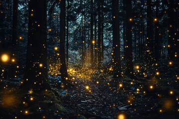 Fototapeta premium Enchanted woodland with golden fireflies sparkling in the twilight