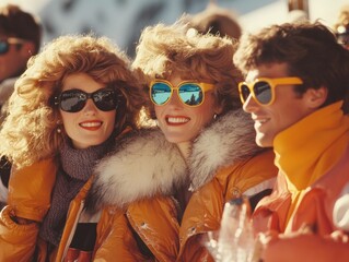 80s Ski Fashion: Three stylish individuals, a man and two women, sport vibrant 80s ski fashion, including big hair, bright sunglasses, and bold jackets.  A retro snapshot of winter fun and fashion. 