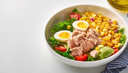 Nutritious Tuna Salad with Corn and Egg, Presented in a White Bowl from Above