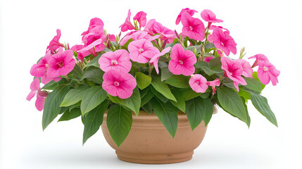 Fototapeta premium pink impatiens plants in pot isolated on white background , pink flowers 