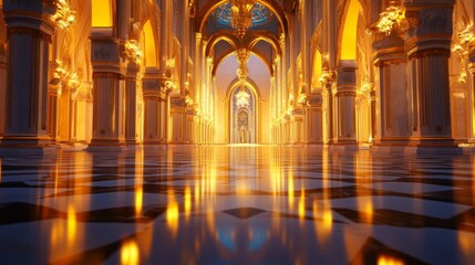 Majestic golden hall with intricate arches and reflective floor, showcasing grandeur and elegance