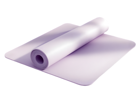 Rolled-up yoga mat on a mat, indoor studio, fitness