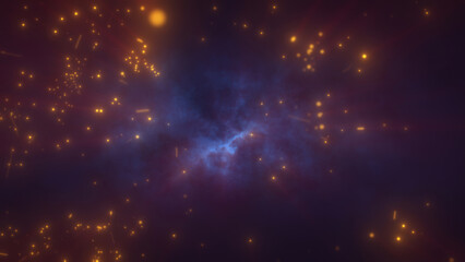 A glowing, golden abstract background with scattered light particles and smoky textures, resembling cosmic energy or fireflies in a misty atmosphere