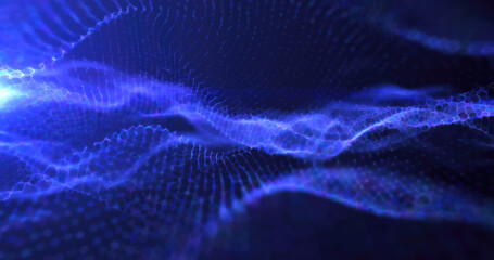 Abstract blue wave light pattern resembling a digital or organic flow, with a soft glow and intricate details background