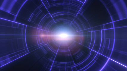 Purple neon tunnel with glowing concentric lines and radiant central light, evoking a sci-fi, immersive atmosphere with a futuristic and digital appeal background