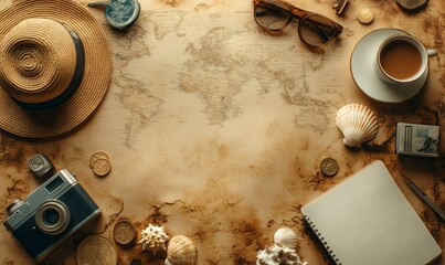 Vintage travel items arranged around an antique world map