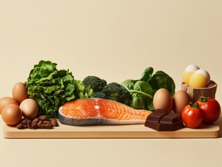 Nourishing Foods for a Healthy Lifestyle: A vibrant collection of healthy foods including salmon, eggs, broccoli, spinach, lettuce, tomatoes, and dark chocolate, arranged on a wooden board.