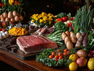 Keto Diet Food Table: A lavish spread of ketogenic diet foods including a large cut of red meat, fresh vegetables, eggs, and dark chocolate.