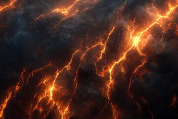 Dark volcanic landscape with glowing fissures of molten lava