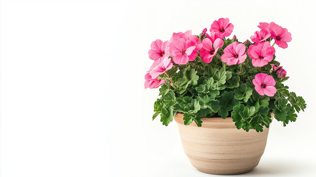 pink geraniums plants in pot isolated on white background , 