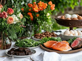 Paleo Diet Feast: An enticing spread of paleo-friendly foods including salmon, steak, eggs, nuts, and dark chocolate, beautifully arranged on a white tablecloth in a garden setting.