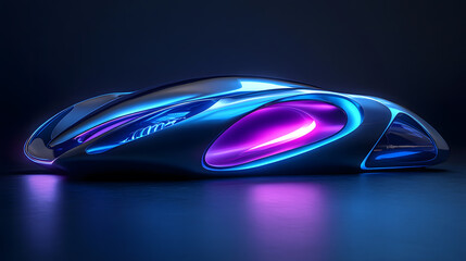 A glowing, sleek, futuristic shape in neon colors suggests motion and technology, evoking a sense of innovation and cutting-edge design.