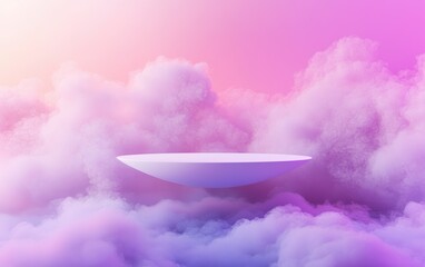 levitating surreal form on a dreamy pink and purple cloud background