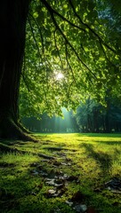 Obraz premium An Idyllic Summer Nature Scene Featuring Sun-Kissed Leaves and Lush Meadow with Gentle Bokeh