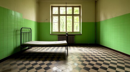 Abandoned hospital room with a single bed, green walls, and tiled floor, surrounded by natural light