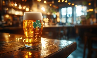 Glass of beer with shamrock celebrating saint patrick's day in a traditional irish pub