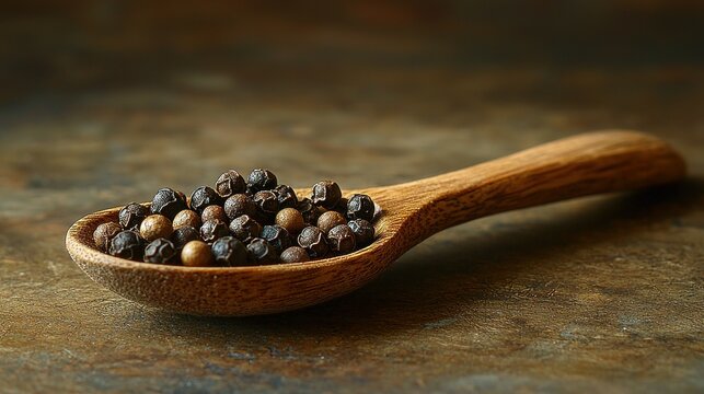 Wooden spoon holds peppercorns on rustic surface