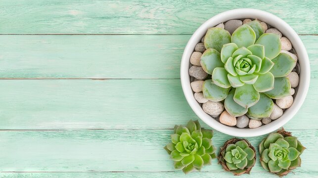   Bowl is correct and succulents should be lower-cased in this context Green wooden table is also grammatically incorrect, but could be
