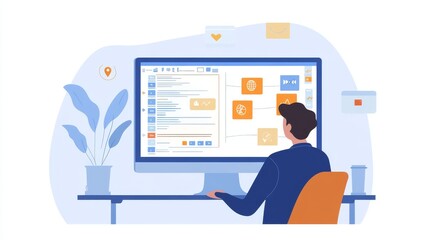 A businessman uses a computer to see a virtual screen with project management tools. These tools include scheduling, budgeting, and communication icons.