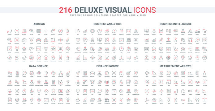 Science, data and document processing, finance income, software and model for analysis line icon set. arrows of measurement and direction thin black and red outline symbols vector illustration