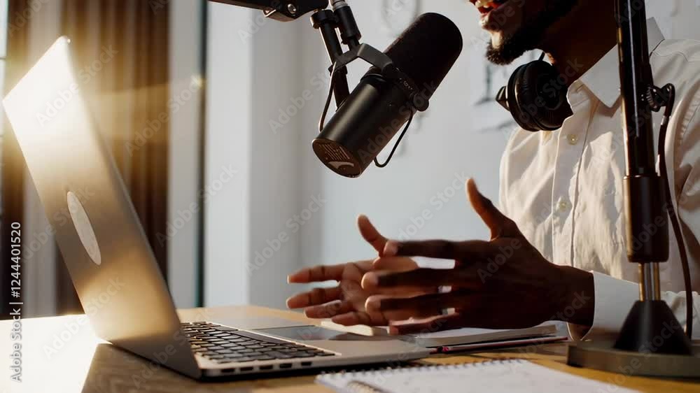 Poster content creator wearing professional headphones gesturing dynamically while recording podcast audio 