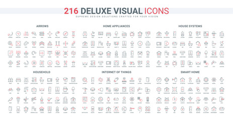 Household system management line icon set. Arrows of circle shape and direction, sanitary equipment, electricity for lighting, IOT appliances work thin black and red outline symbol vector illustration