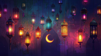 Eid Mubarak banner with arabian lanterns, crescent moon and muslim ornament pattern. Eid Mubarak vector poster with Middle East ancient hanging light, islamic vintage gas lamp or mosque lantern