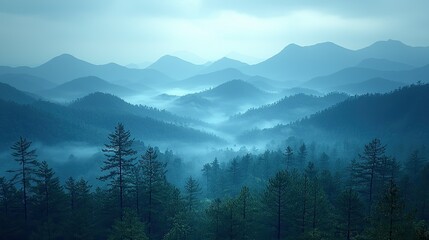 Obraz premium Misty Mountains and a Verdant Forest Landscape