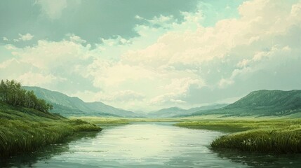 Fototapeta premium Serene River Valley Landscape: A Peaceful Vista Under a Cloudy Sky