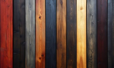 Vertical wooden planks displaying diverse colors and textures
