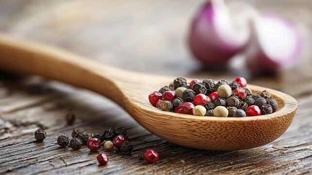 Wooden spoon of mixed peppercorns on rustic table with garlic and onion