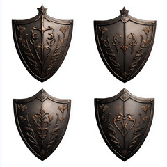 Schwarze, kunstvoll verzierte Schilde in symmetrischer Anordnung

