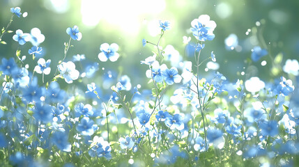 Sunny blue flowers meadow, bokeh background, spring
