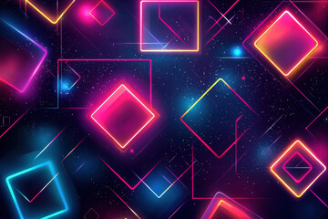 Obraz premium Floating neon squares and geometric shapes in a cosmic digital landscape