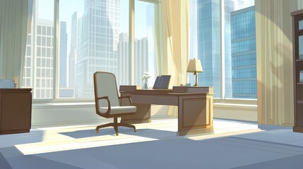 Bright and modern office space with large windows overlooking a city skyline, showcasing a desk and chair
