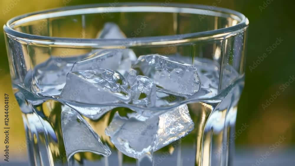 Poster Slow motion sequence capturing transparent ice cubes dropping into clean water glass, creating sparkling liquid splash and refreshing visual effect with crystal clear texture
