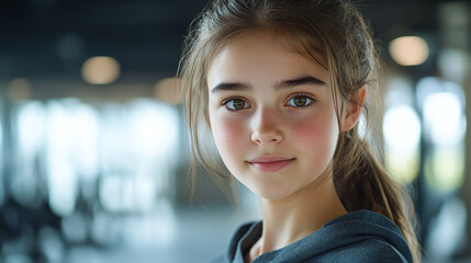 Fototapeta premium Closeup of a beautiful young teenage girl, standing in a modern gym interior room, looking at the camera and smiling. female adolescent training of working out indoors, young athlete healthy lifestyle