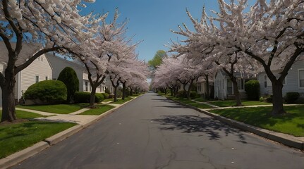 Obraz premium A picturesque suburban street lined with cherry trees in full bloom, their pink petals creating a pastel canopy overhead. Sunlight filters through the blossoms, evoking a serene