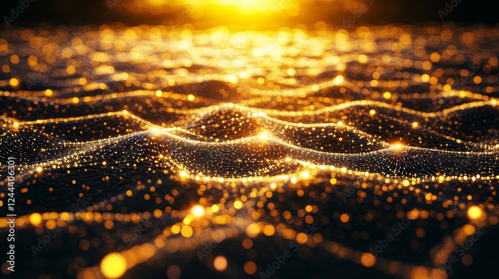 Poster golden lines编织ing a network of glowing dots and triangles over a dark canvas
