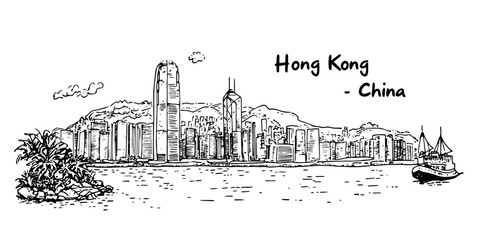 Fototapeta premium Hong Kong skyline with victoria harbor and traditional boat doodle sketch black vector engraving