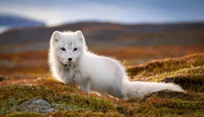 Fototapeta premium Stunning Arctic Fox in Its Frosty Kingdom Svalbards Wilderness Showcasing Icy Peaks and CrystalClear Snowfields,st January at3