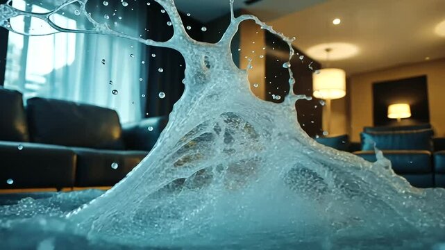 A dramatic image of a ceiling pipe bursting, sending water cascading down like a waterfall onto furniture, highlighting the devastating impact of unchecked leaks.