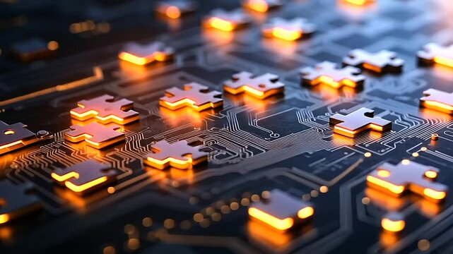 A set of glowing digital puzzle pieces hover in midair, smoothly connecting against a high-tech blue circuit board background, symbolizing flawless API integration.