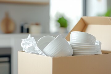White ceramic kitchenware packed in cardboard box with wrapping paper for safe relocation to new house