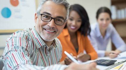 Obraz premium diverse team reviewing business objectives around a conference table